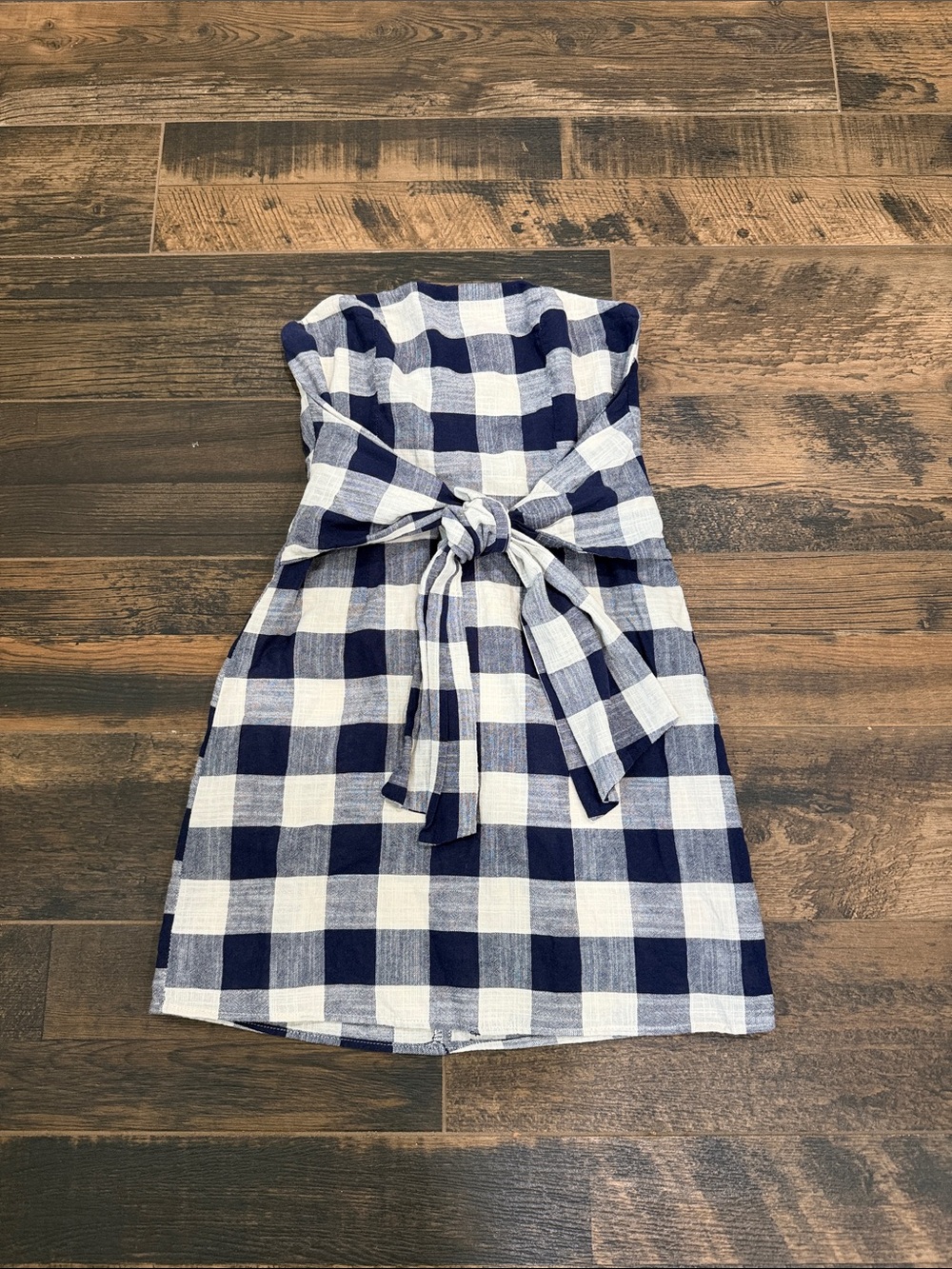 Blue Blush Strapless Navy and White Gingham Tie-Waist Dress